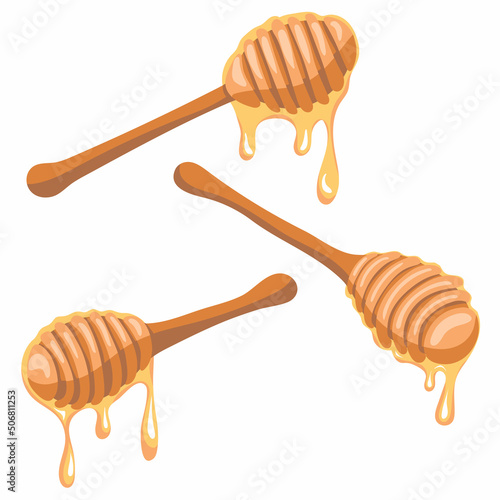 Honey dripping from a wooden honey dipper isolated on white background. Set of Different View. Hand drawn vector illustration