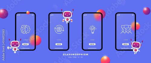 Personal growth set icon. Brain pump, rethinking, idea, lamp, creative thinking, teamwork, team building. Motivation concept. Glassmorphism. UI phone app screen. Vector line icon for Business