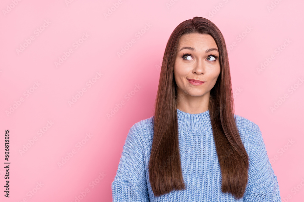 Fototapeta premium Photo of unsure millennial brown hairdo lady look promo wear blue pullover isolated on pink color background