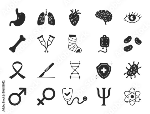 Medical specialization doodle illustration including flat icons - urology, cardiology, heart, pulmonology, immunologist, therapist, psychologist. Glyph silhouette art about healthcare. Black Color