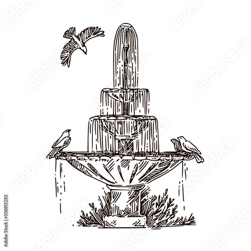 Fountain with birds in park. Sketch. Engraving style Vector illustration.