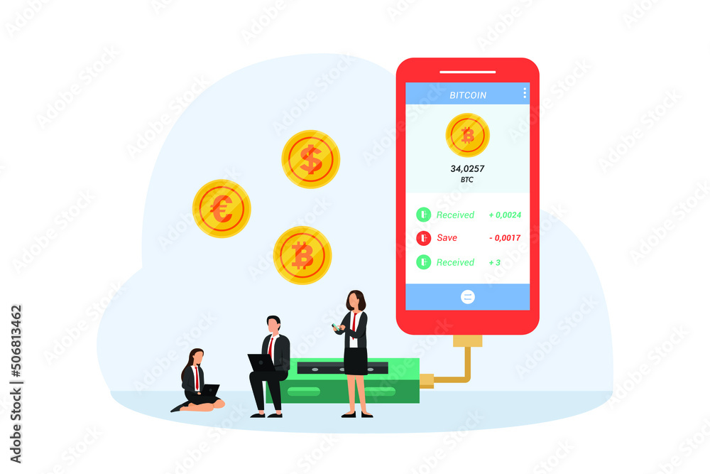 Sending and receives bitcoin cryptocurrency flat vector illustration concept Sending and receives bitcoin cryptocurrency flat vector illustration concept