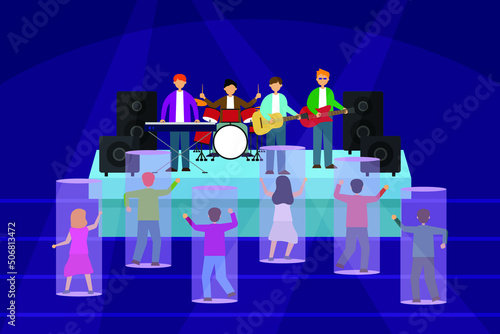 Metaverse concept: watching musical concert in virtual world flat vector illustration concept