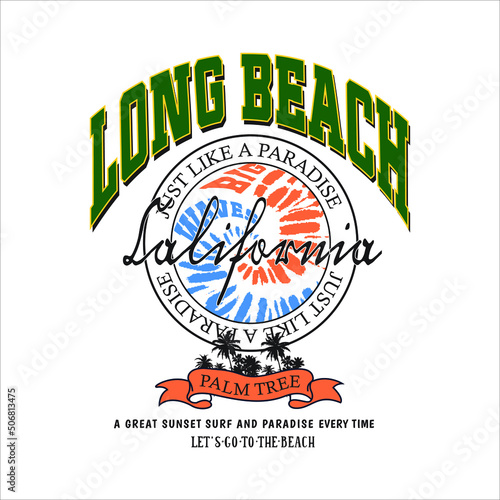 Long Beach Palm Tree California, Palms, beach, big waves and sun simple minimal illustration with Big Wave Long Beach co. Miami, California  slogan print design