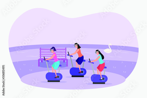 Women in Metaverse gym virtual exercise flat vector illustration concept for banner, website, illustration, landing page, flyer, etc
