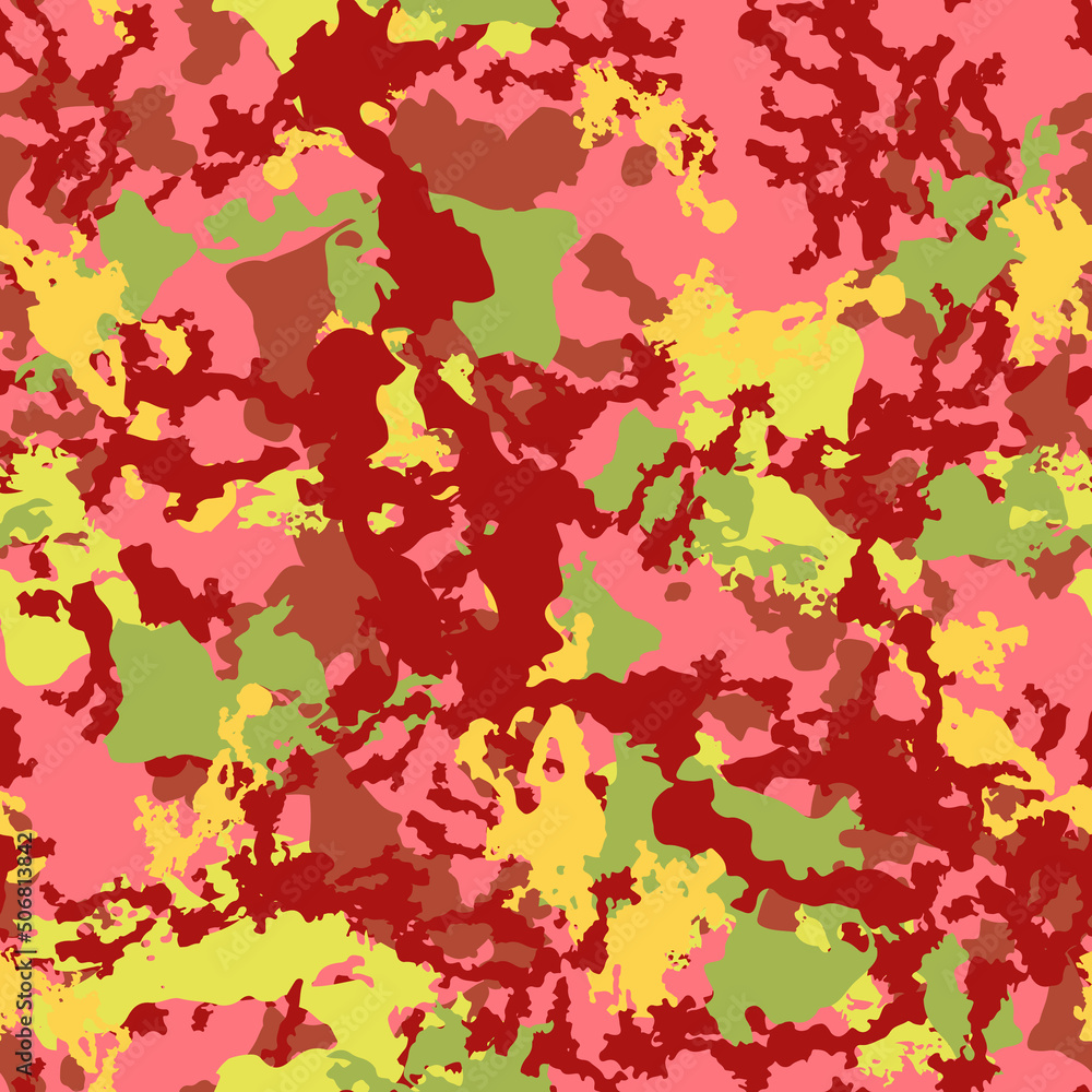 UFO camouflage of various shades of pink, red, green and yellow colors UFO camouflage of various shades of pink, red, green and yellow colors