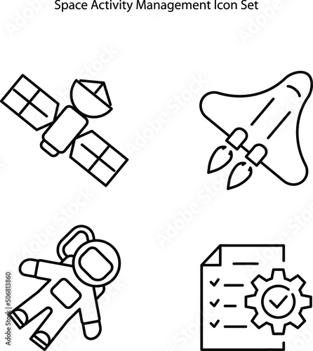 Space activity management icons. Organization and service. Spacetech trend abstract idea thin line illustration. Isolated outline drawing on white background.