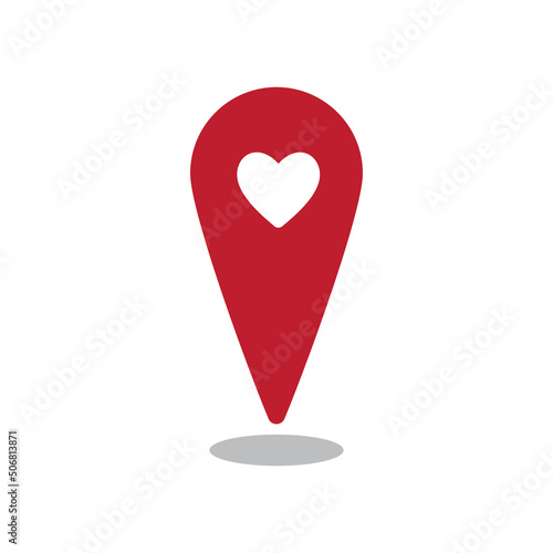 Vector Red location pin icon with heart shape love. Position marker isolated on white background. Pin map design element. Location symbol illustration