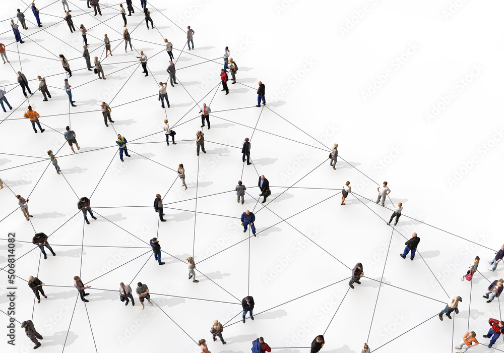 Large group of diverse people connected by lines. 3D Rendering - obrazy, fototapety, plakaty 