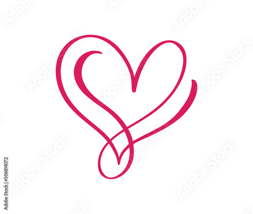 Vector calligraphy heart love sign one line. Romantic valentine day symbol linked, passion and wedding. Template for t shirt, card, poster. Design flat illustration element
