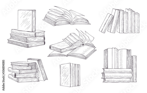 Books vector, pile of books. Hand drawn illustration sketch