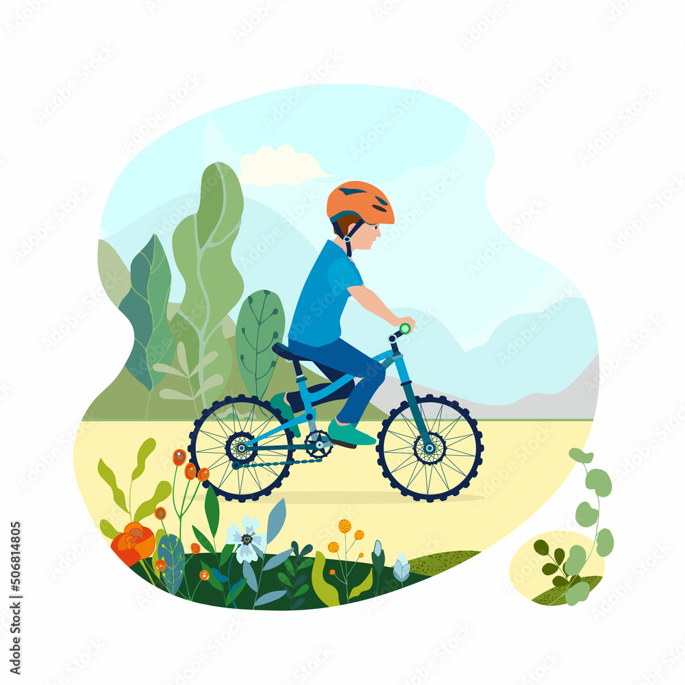 Flat happy boy kid on bicycle on a park road with flowers and leaves. Child riding colorful bike outdoor sport in natural summer landscape by pathway track through green. Vector illustration. Flat happy boy kid on bicycle on a park road with flowers and leaves. Child riding colorful bike outdoor sport in natural summer landscape by pathway track through green. Vector illustration.
