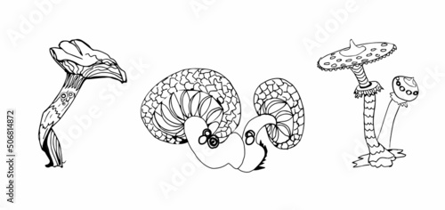 Fantasy decorative set of hand drawn magic mushrooms various shape on white background. Vector illustration