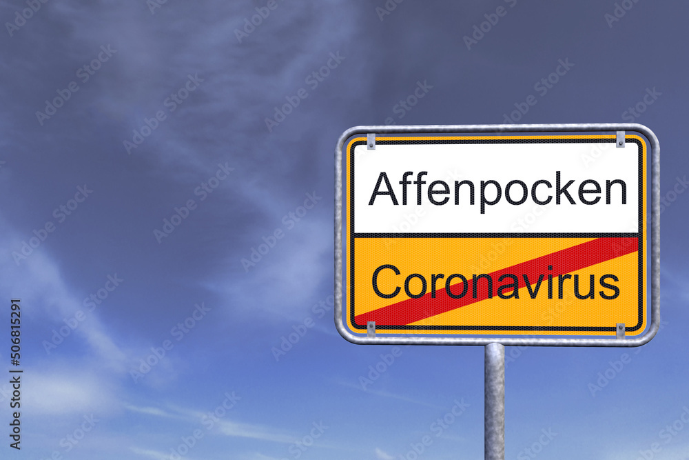 3d Illustation - Ortsschild - Ortstafel - Affenpocken - Coronavirus - Himmel - Wolken 3d Illustation - Ortsschild - Ortstafel - Affenpocken - Coronavirus - Himmel - Wolken