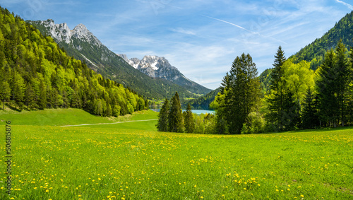Tableau sur toile Idyllic spring landscape in Scheffau, Hinterseiner See, Tyrol, Austria, Europe