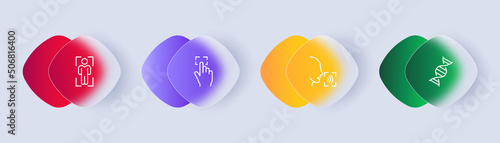 Identification set icon. Biometrics, face ID, face recognition, speech, fingerprints, DNA. Personal data, verification. Authentication concept. Glassmorphism style. Vector line icon for Business