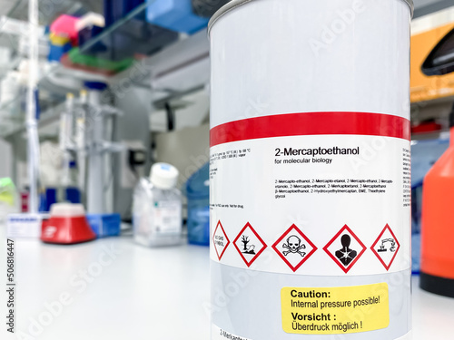 Can with 2-mercaptoethanol - an extremely dangerous substance, labelled with symbols indicating that the content is toxic, poses health hazard and environmental hazard