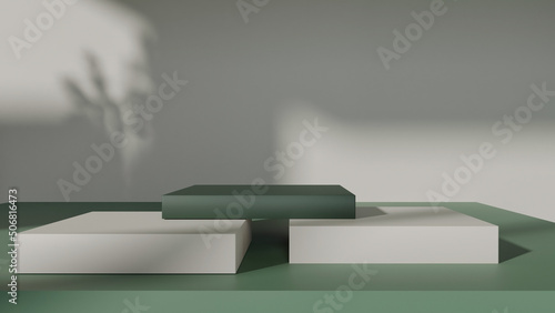 3D rendering of green podium with green background. 3D green product podium display with green and white background . Square stage with tree shadow,summer product mockup background.