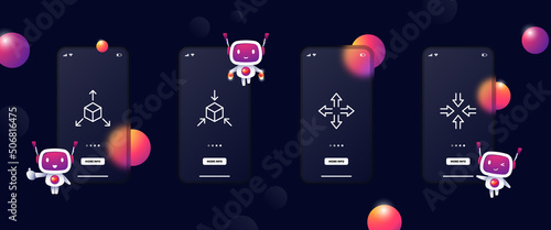 Metaverse set icon. 3d modeling, Vr, arrows, rotate object, arrows, augmented reality. Virtual reality concept. Glassmorphism. UI phone app screen. Vector line icon for Business and Advertising