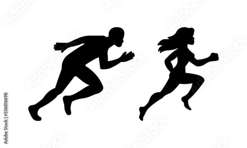 A man runs after a woman, solid black vector icon illustration isolated on white background. Trendy flat, symbol, sign, used for: infographic, logo, mobile, app, banner, web, dev, ui, ux, gui. EPS 10