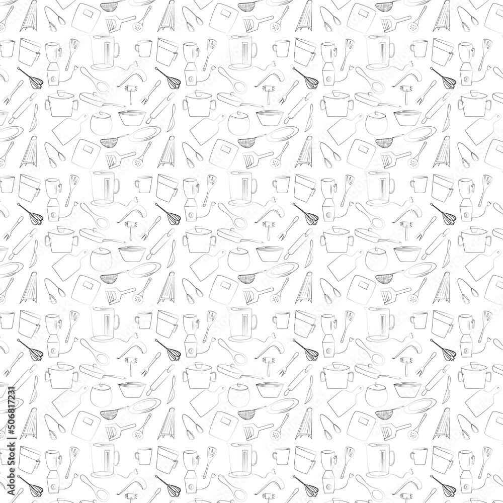 set of kitchen utensils. seamless pattern on white background. outline images