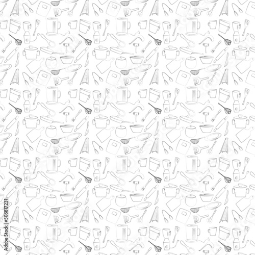set of kitchen utensils. seamless pattern on white background. outline images
