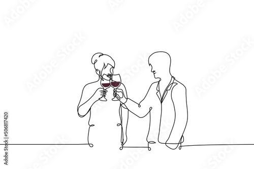 man and woman clink glasses of wine smiling at each other - one line drawing vector. concept of flirting, drinking wine at a buffet table