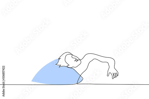 man lying in bed - one line drawing vector. a sleeping man is resting on a blue pillow, he covered himself with a blanket. concept of rest, sleep, insomnia, relaxation, daytime sleep, take a nap