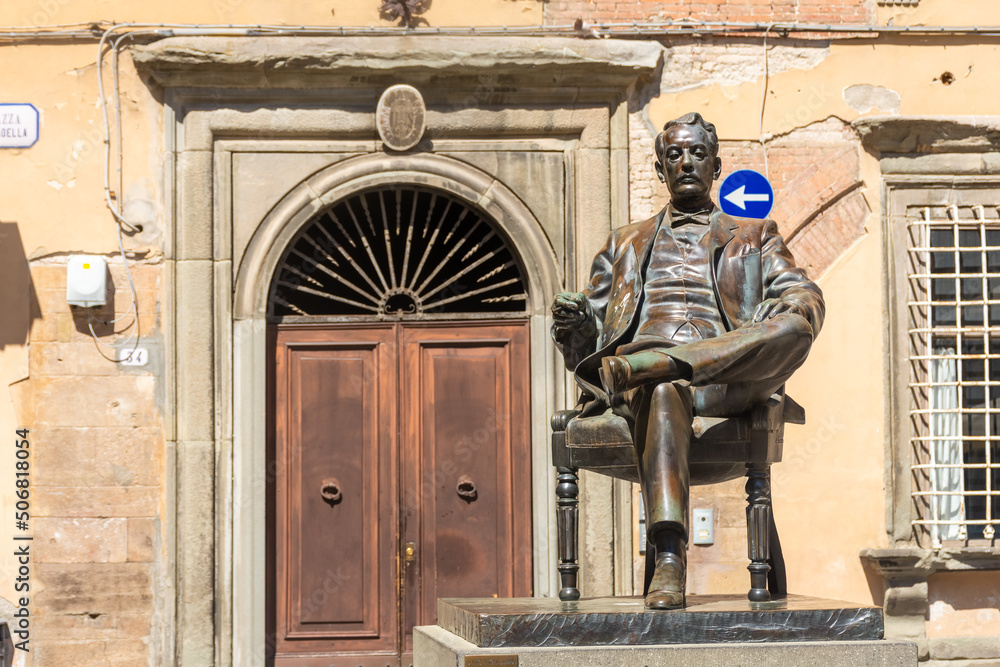 Lucca, Italy, 18 April 2022: Statue of Giacomo Puccini, famous italian musician Lucca, Italy, 18 April 2022: Statue of Giacomo Puccini, famous italian musician