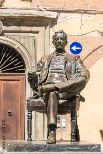 Lucca, Italy, 18 April 2022: Statue of Giacomo Puccini, famous italian musician