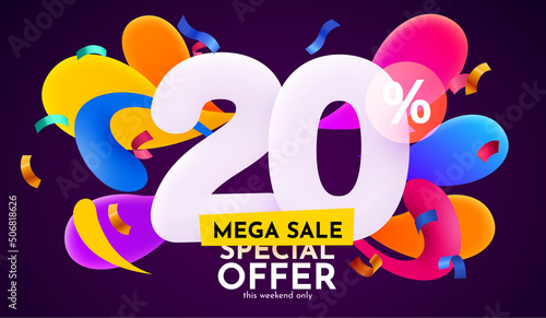 20 percent Off. Discount creative composition. 3d sale symbol with decorative objects. Sale banner and poster.