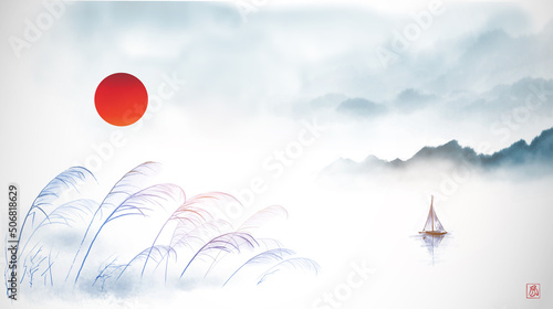 Seascape in oriental style with fishing sailboat in calm water, grass ion the wind and far misty mountains. Traditional oriental ink painting sumi-e, u-sin, go-hua. Translation of hieroglyph - wind