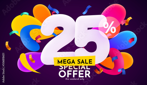 25 percent Off. Discount creative composition. 3d sale symbol with decorative objects. Sale banner and poster. 