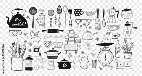 Big set of kitchen doodle sketch utensils hand-drawn with ink. Cups, teapots, pots. bottles. chopping boards ets. Inscription Bon appetit in different languages