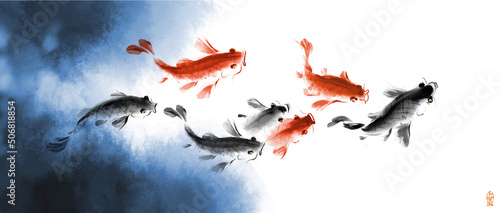 School of koi carps in blue water. Traditional oriental ink painting sumi-e, u-sin, go-hua. Symbol of good fortune, success and prosperity. Hieroglyph - fish
