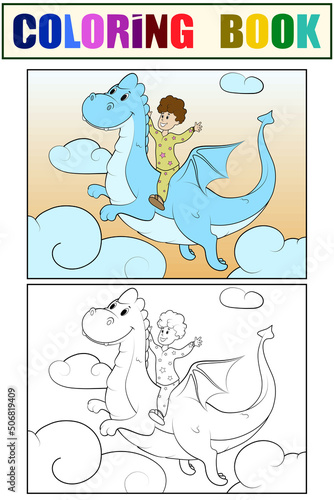 Set of coloring and color picture. Boy flies on a dragon in the sky.