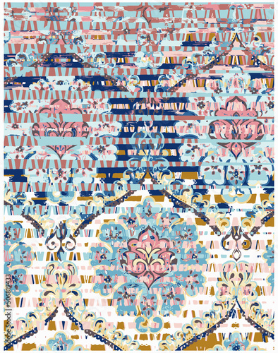 Vector Earth Modern tone colors with Carpet bathmat and Rug Boho style ethnic floral damask design pattern with distressed woven texture and effect Antique traditional rug pattern floor covering