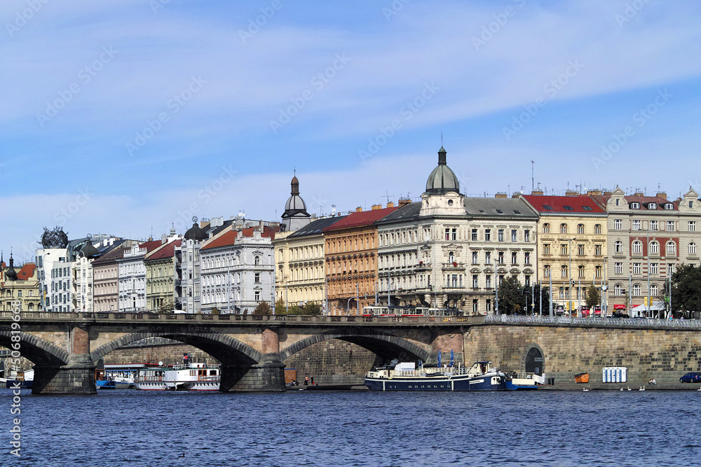 Picturesque view of the Old Town of Prague with its ancient architecture, the Palacký bridge and the River Moldau (Vltava), Czech Republic.