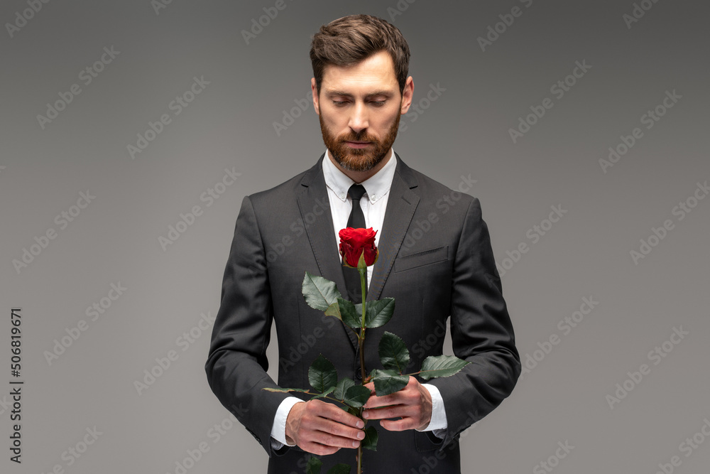 Waist up portrait view of the caucasian handsome man hold the red rose with love on grey background. Gentleman concept Waist up portrait view of the caucasian handsome man hold the red rose with love on grey background. Gentleman concept