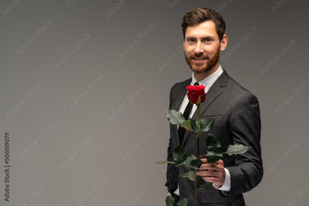 Waist up portrait view of the elegant handsome businessman in black suit gifting red rose isolated on grey background. Stock photo Waist up portrait view of the elegant handsome businessman in black suit gifting red rose isolated on grey background. Stock photo