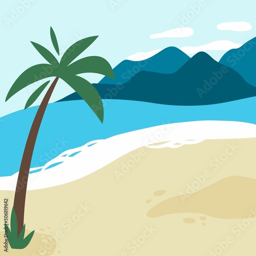 Seaside with palm. Sand, mountains and ocean, paradise landscape, summer vacation square card, travel background. Tropical resort poster or banner, vector beach illustration
