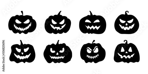 Set funny and scary pumpkins with faces, isolated on white background. Vector illustration, traditional Halloween decorative elements. Halloween silhouettes black pumpkin character - for design decor.