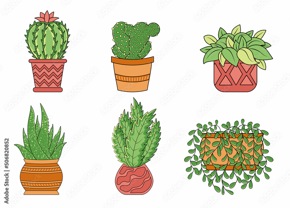 Collection of vector icons of cute house plants in pots Collection of vector icons of cute house plants in pots