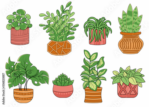 Collection of vector icons of cute house plants in pots
