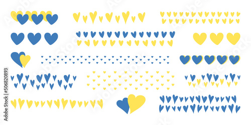 Support for Ukraine hearts set in yellow blue colors. Ukrainian sign, symbol, pattern. Decorative patriotic vector elements, isolated on white background. Ukrainian hearts illustration, border lines