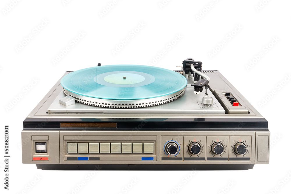 Fototapeta premium Vintage turntable record player with turquoise vinyl