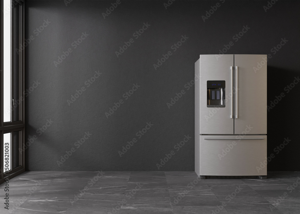 Refrigerator standing in empty room. Free, copy space for text or other objects. Household electrical equipment. Modern kitchen appliance. Stainless steel fridge with double doors, freezer. 3d render. Refrigerator standing in empty room. Free, copy space for text or other objects. Household electrical equipment. Modern kitchen appliance. Stainless steel fridge with double doors, freezer. 3d render.