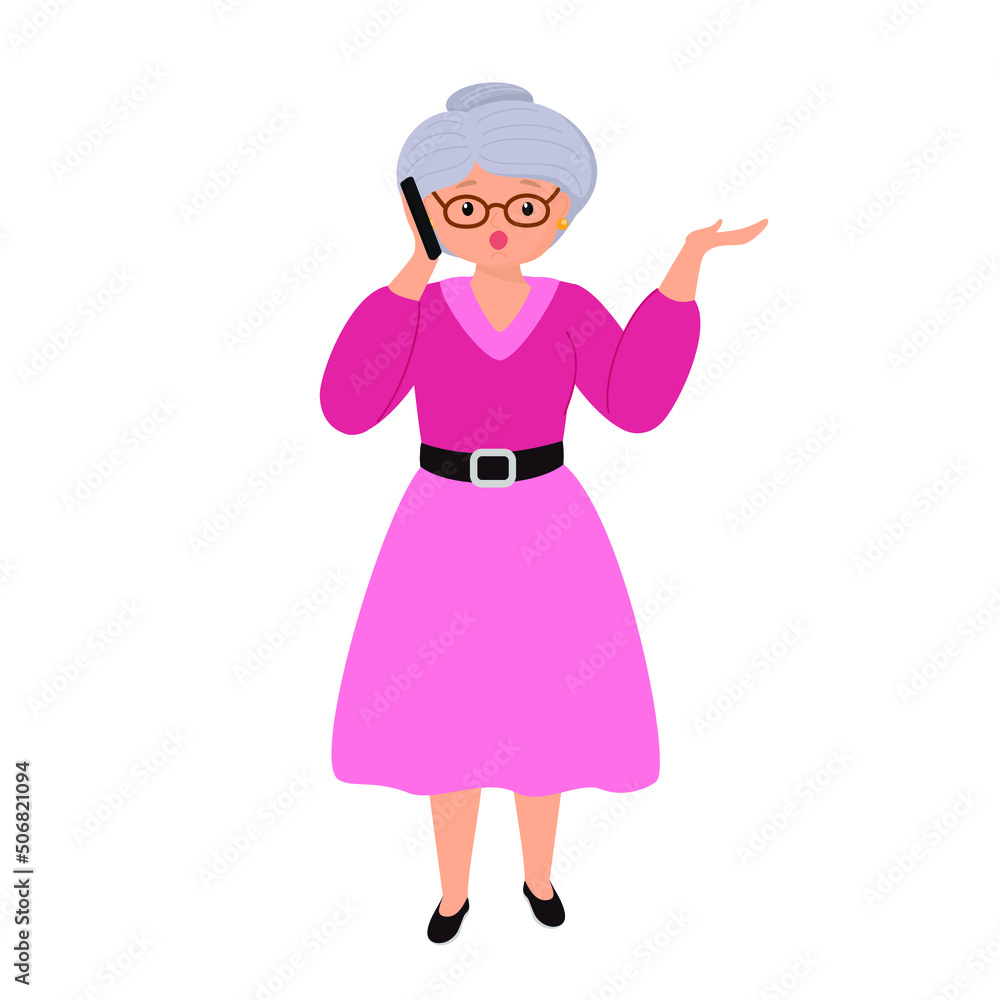 Vector character illustration of elderly woman talking on smartphone. Grandmother using mobile phone. Family, mobile internet, social media, modern communication technology concept. Vector character illustration of elderly woman talking on smartphone. Grandmother using mobile phone. Family, mobile internet, social media, modern communication technology concept.