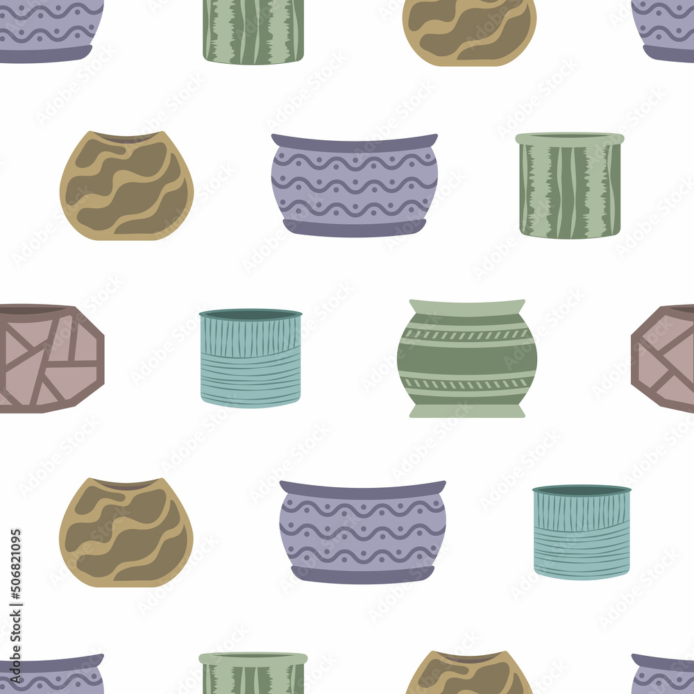 Seamless pattern with empty multicolored vector ceramic pots