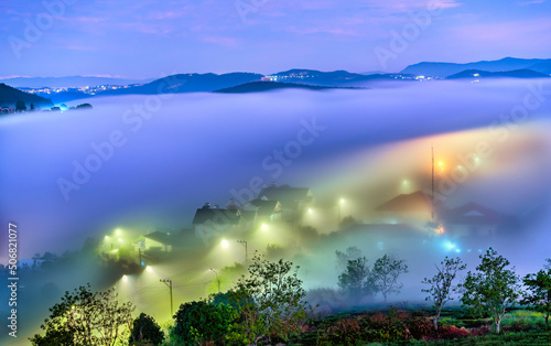 The evening landscape in the valley falling asleep with fog covered is so fuzzy  so beautiful and peaceful